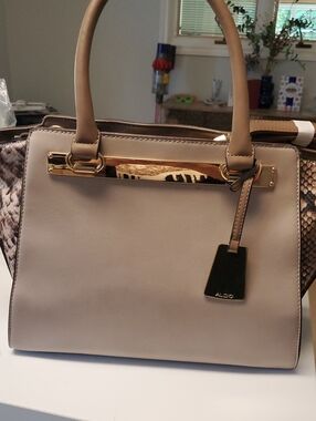 ALDO Taupe Satchel with Snake-Print Side Panels and Gold Hardware